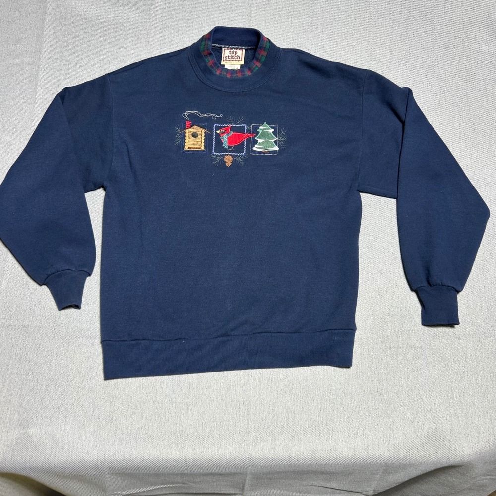 Top Stitch Womens Vintage Christmas Cardinal Sweatshirt L Blue USA Grandmacore
